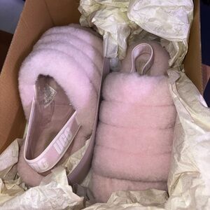 UGG Pink Fluff Slide Slippers with Logo Back Strap